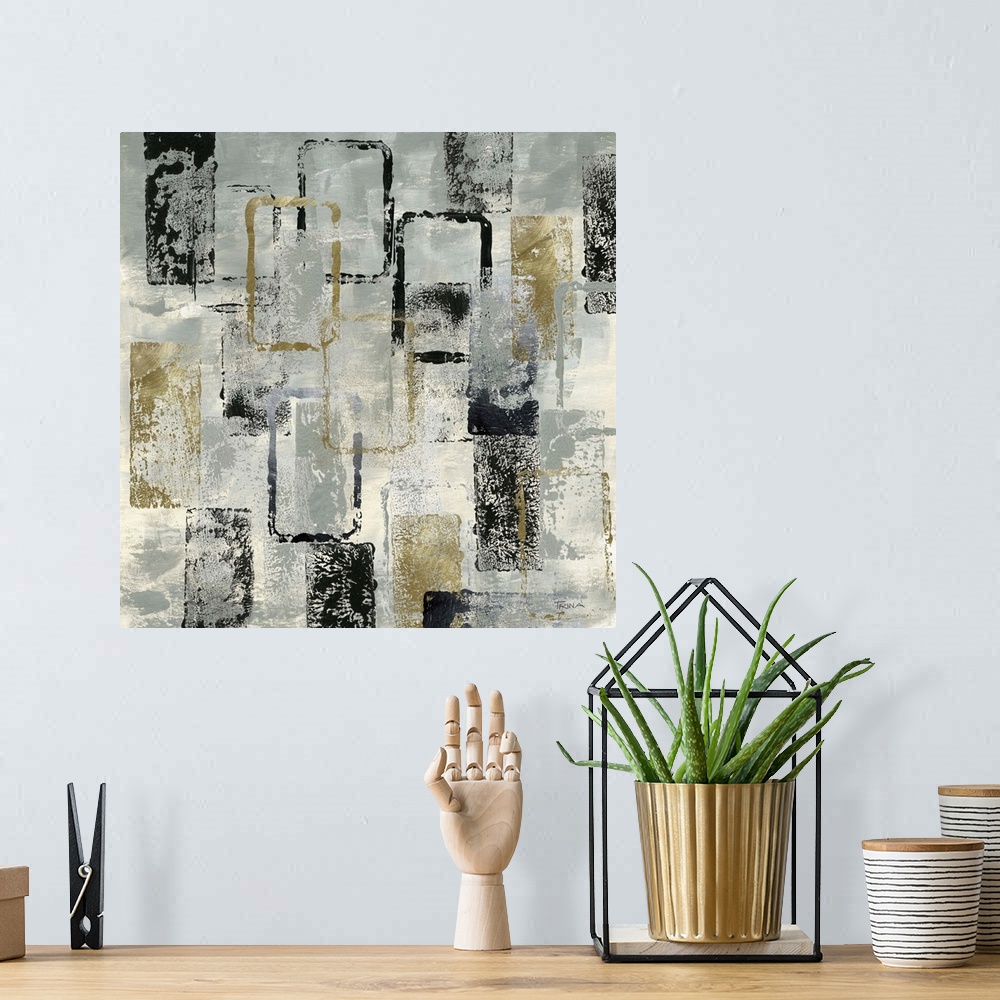 A bohemian room featuring Square abstract painting with gold and black rectangles on a silver and cream background with a s...