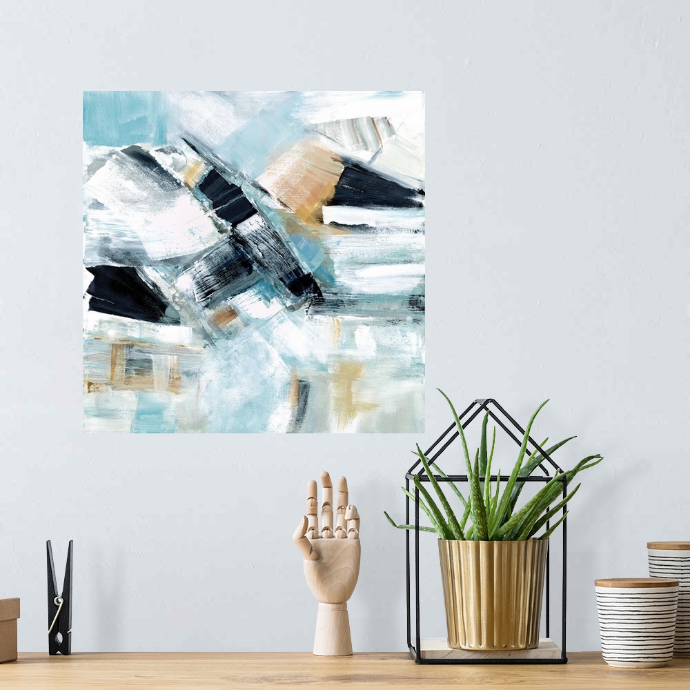A bohemian room featuring Busy square abstract painting in shades of blue, tan, and grey.