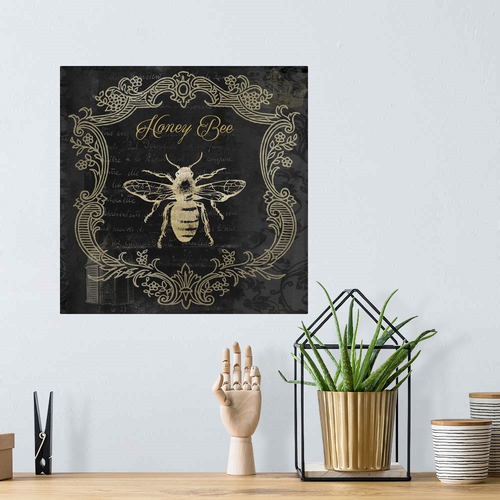 A bohemian room featuring Vintage style sign featuring a bee design with a frame of floral flourishes.