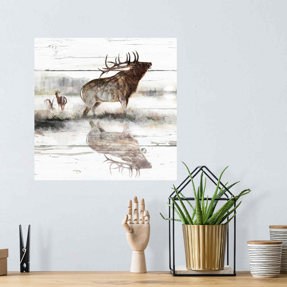 A bohemian room featuring Square painting of elf  on a white distressed shiplap background.