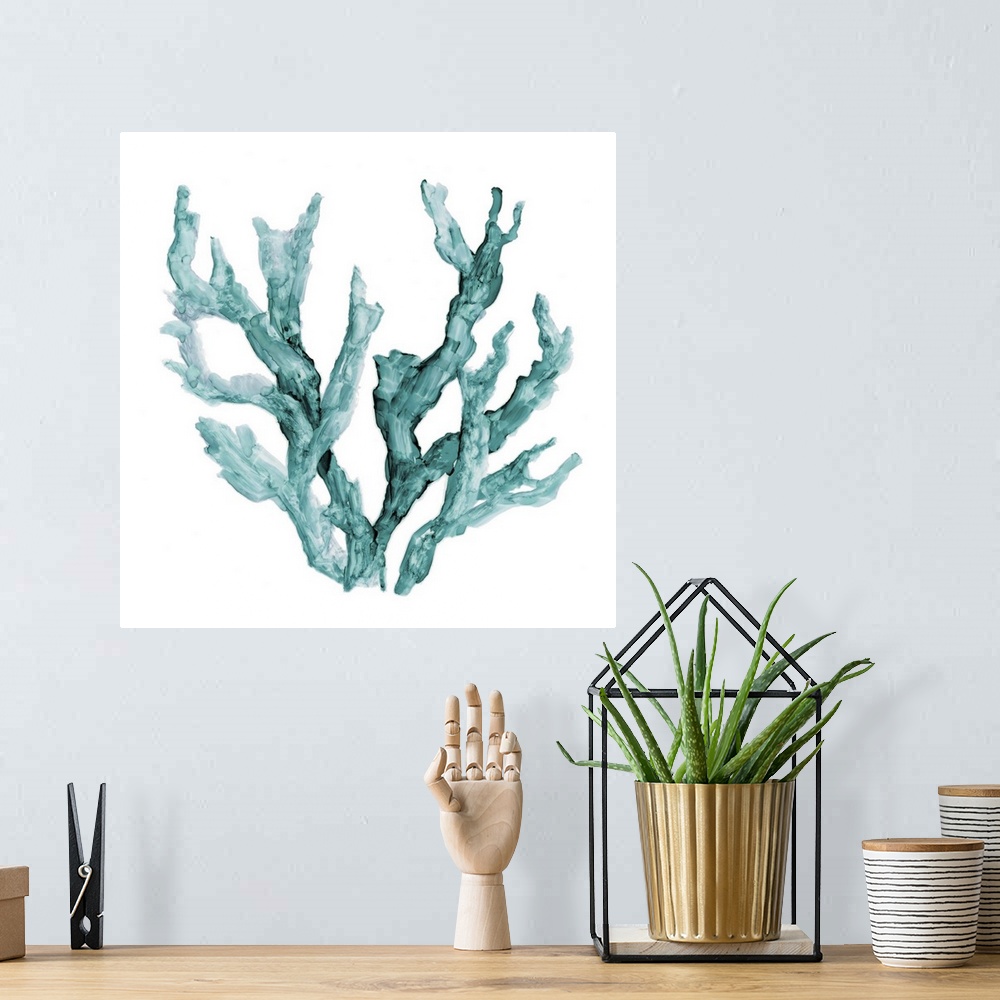 A bohemian room featuring Square watercolor painting of teal coral on a solid white background.
