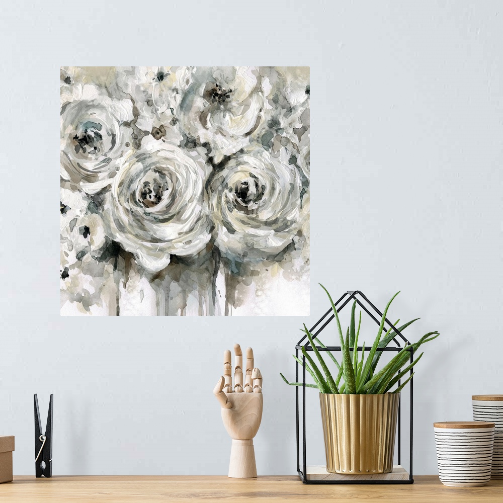 A bohemian room featuring Square painting of a bouquet of flowers with white and neutral tones.