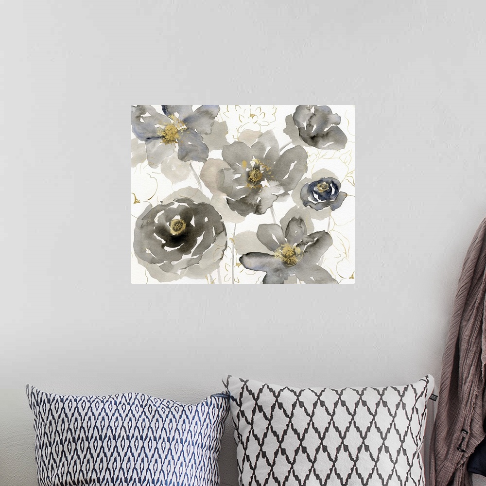 A bohemian room featuring Watercolor artwork of flowers in shades of grey with yellow centers.