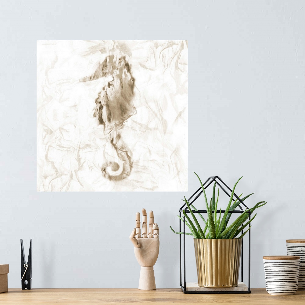 A bohemian room featuring Square beach themed painting of a seahorse in neutral brown tones with a marbled finish and backg...