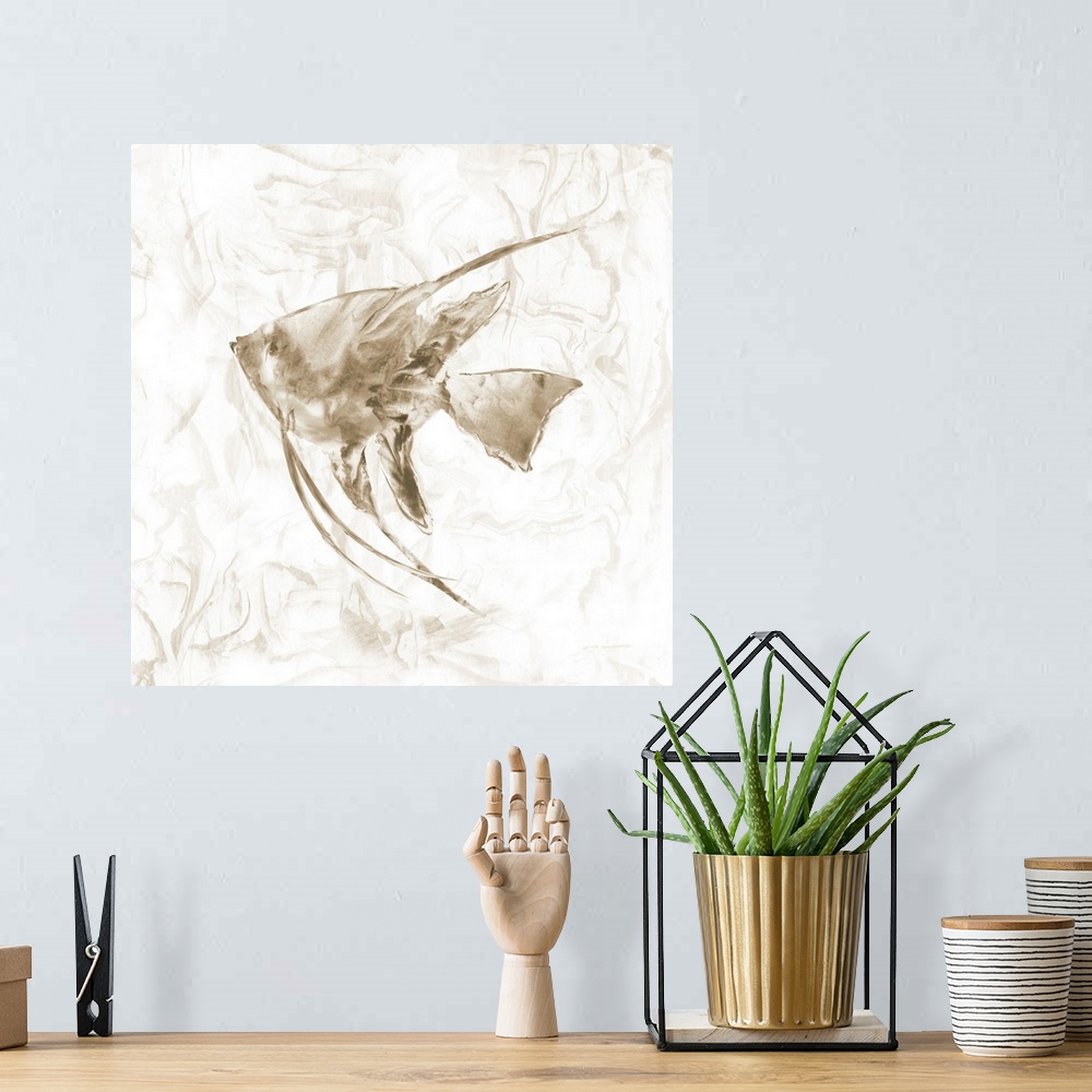 A bohemian room featuring Square beach themed painting of a fish in neutral brown tones with a marbled finish and background.