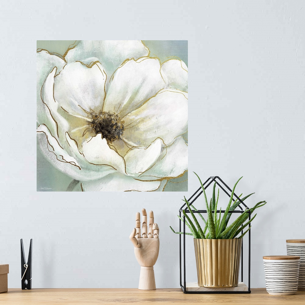 A bohemian room featuring Contemporary square painting of a white flower with metallic gold highlights on a green-blue back...