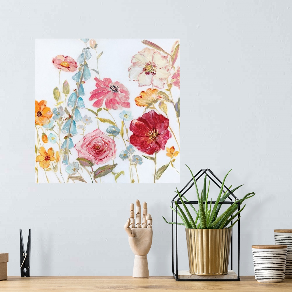 A bohemian room featuring Contemporary square painting of wildflowers on a white background.