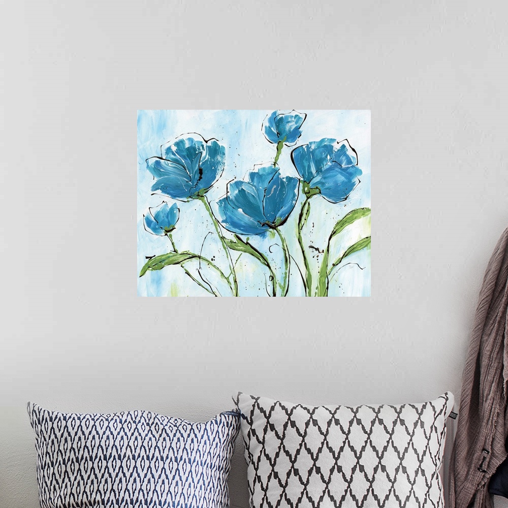 A bohemian room featuring Large contemporary painting of blue poppy flowers with black outlines and green long leaves and s...