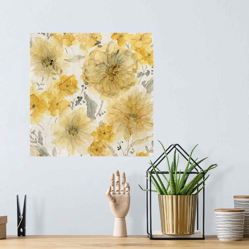 A bohemian room featuring Yellow flowers with gray stems and leaves on a white background with a very thin checkered pattern.