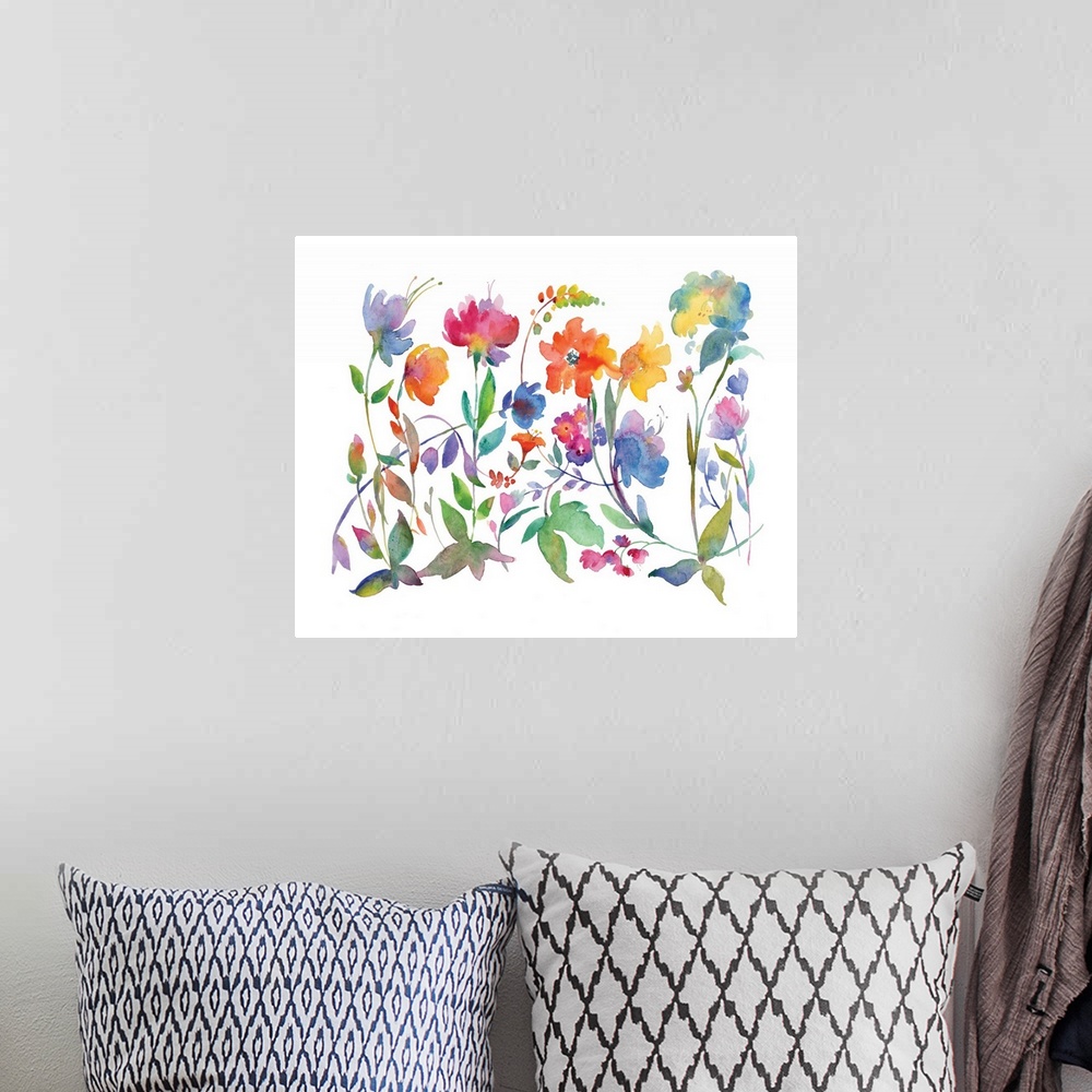 A bohemian room featuring Large watercolor painting with colorful abstract flowers on a solid white background.