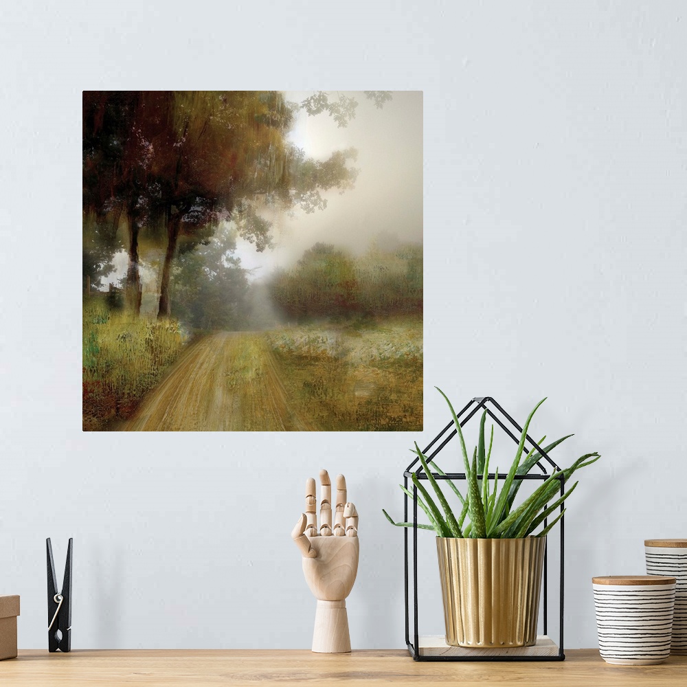 A bohemian room featuring Square painting of a pathway going through a rural landscape with tall trees and Autumn colors.