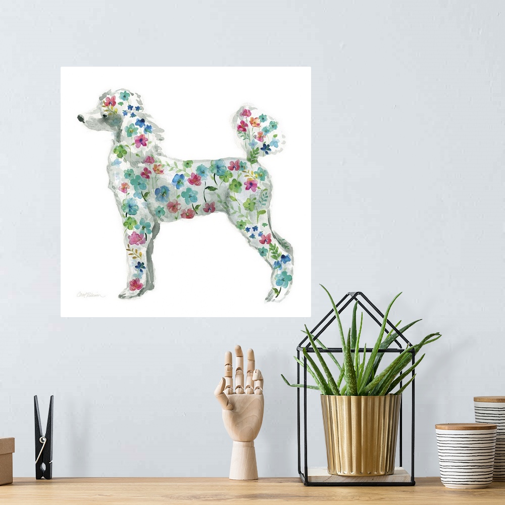 A bohemian room featuring A watercolor painting of a Poodle with a bright and colorful floral pattern.