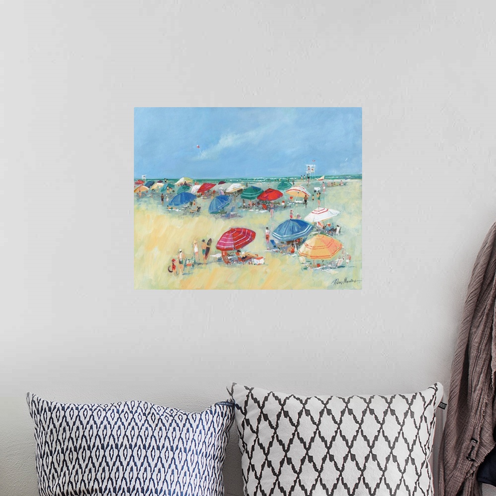 A bohemian room featuring Contemporary painting of a busy beach filled with umbrellas and summer activities.