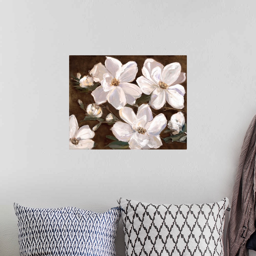 A bohemian room featuring Contemporary painting of large white flowers with broad petals on a rich brown background.