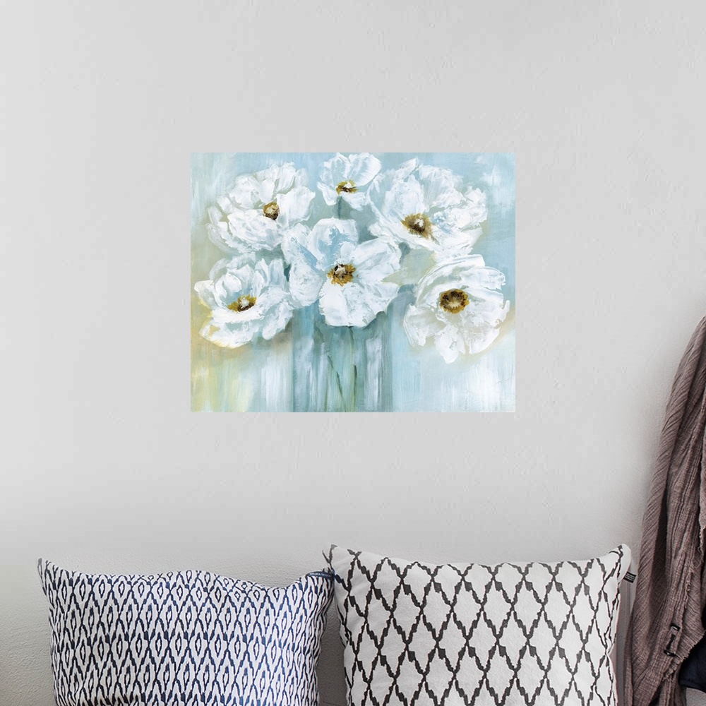 A bohemian room featuring Contemporary painting of a bouquet of white poppy flowers with blue and gold tones.