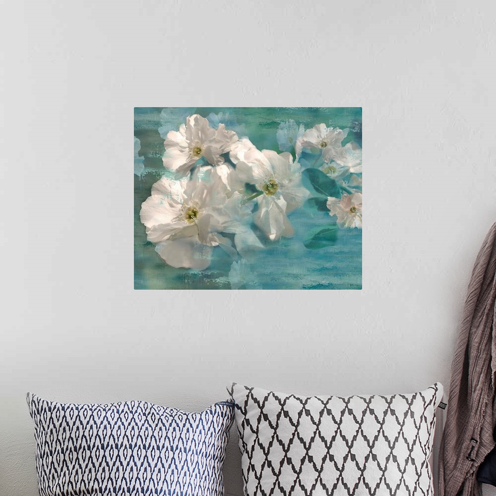 A bohemian room featuring Dream-like painting of white jasmine flowers on a blue background with wood grain.