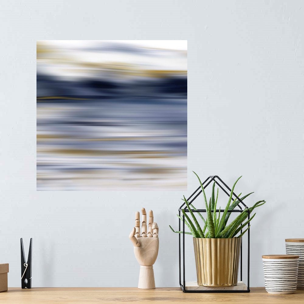 A bohemian room featuring Square abstract painting consisting of smooth fluid brush strokes that have been edited for a blu...