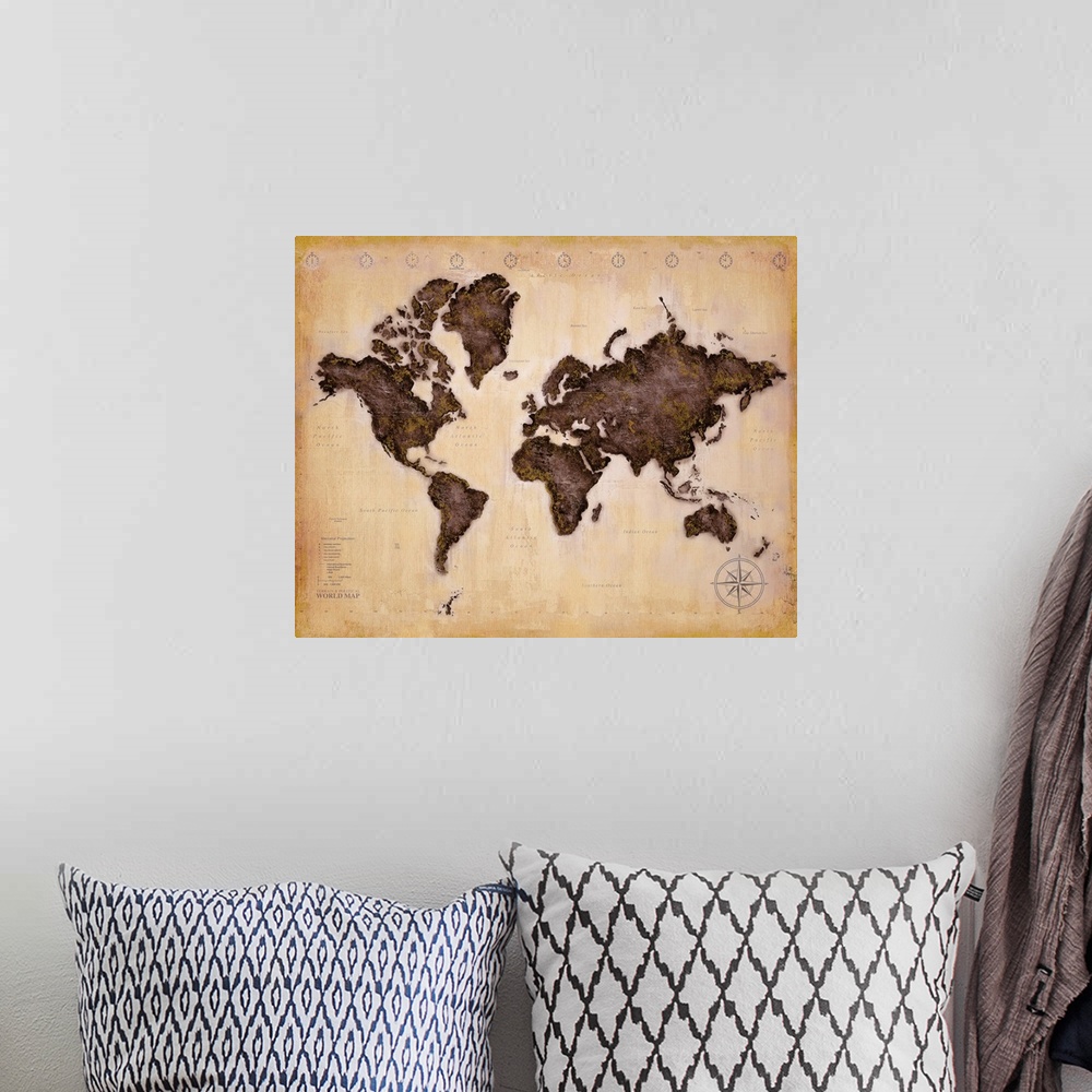 A bohemian room featuring Distressed watercolor style of the world map with darker colored continents on a lighter, antique...