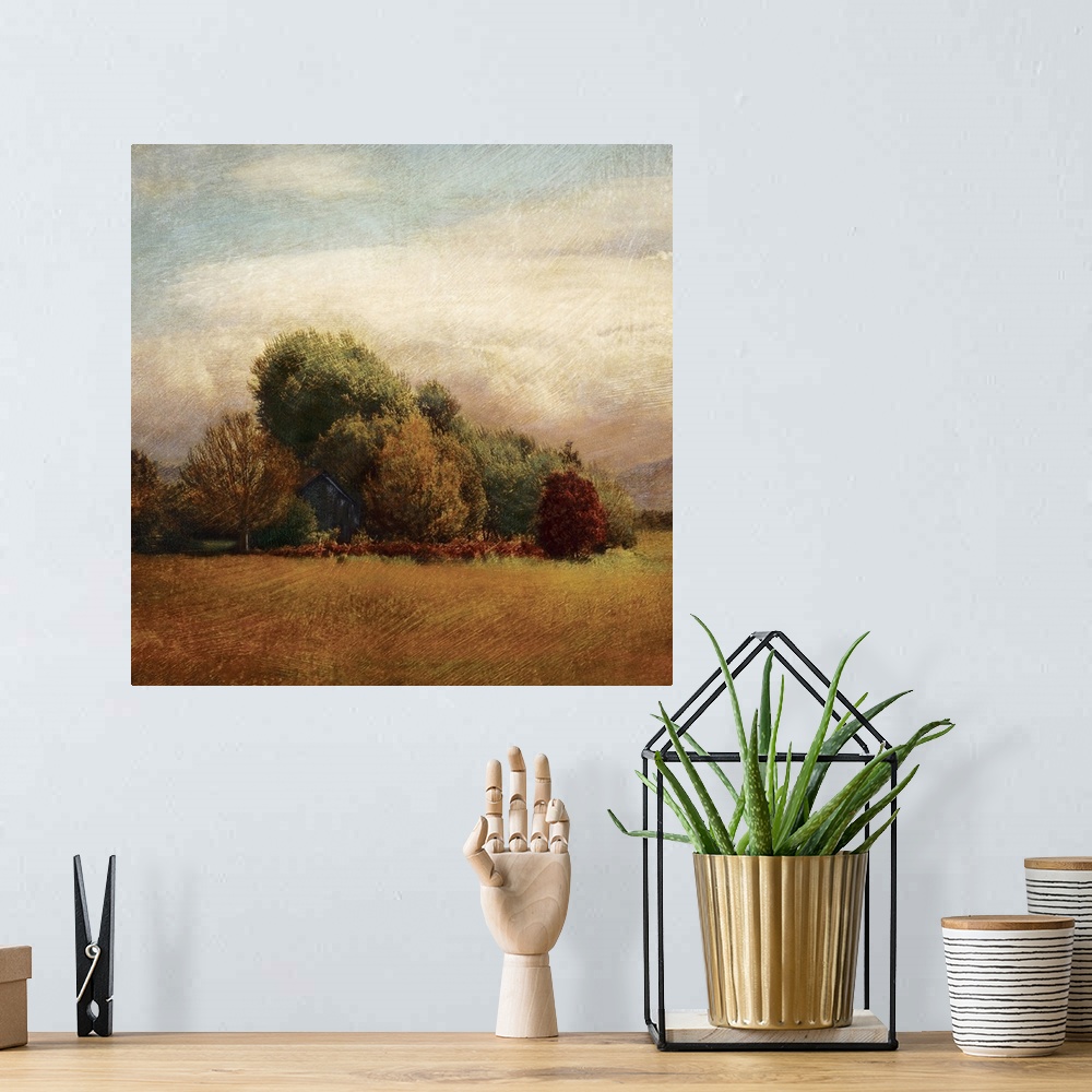 A bohemian room featuring Contemporary painting of a small grove overgrown with trees and an abandoned barn peeking through.