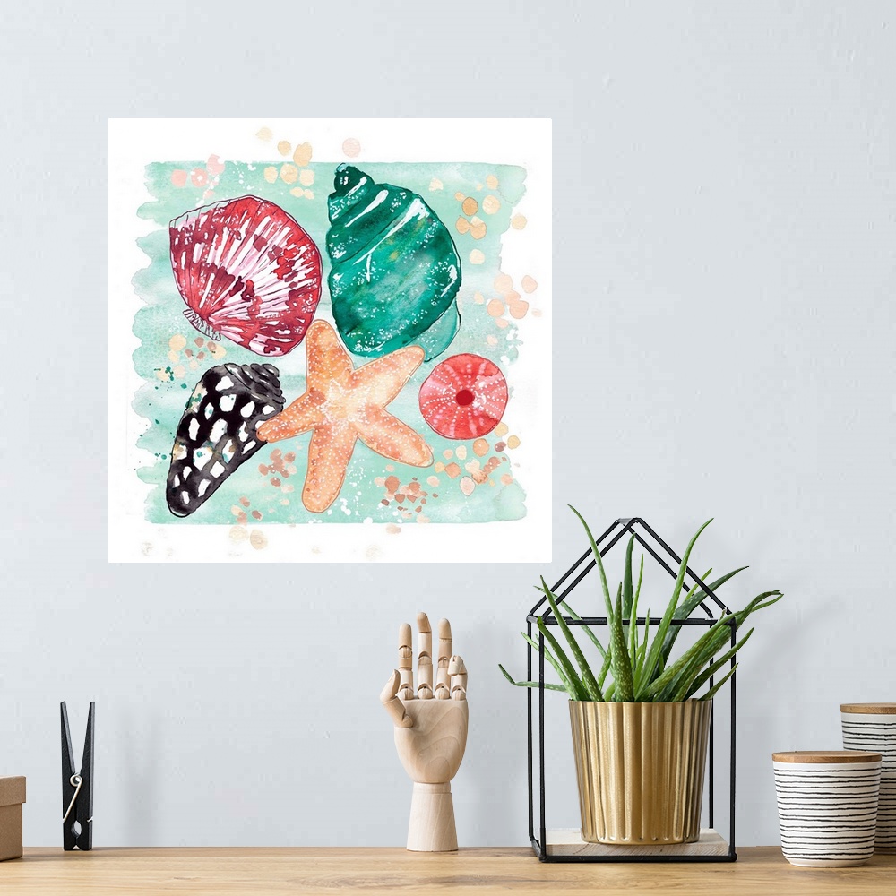 A bohemian room featuring Watercolor painting of a collection of colorful seashells and a starfish.