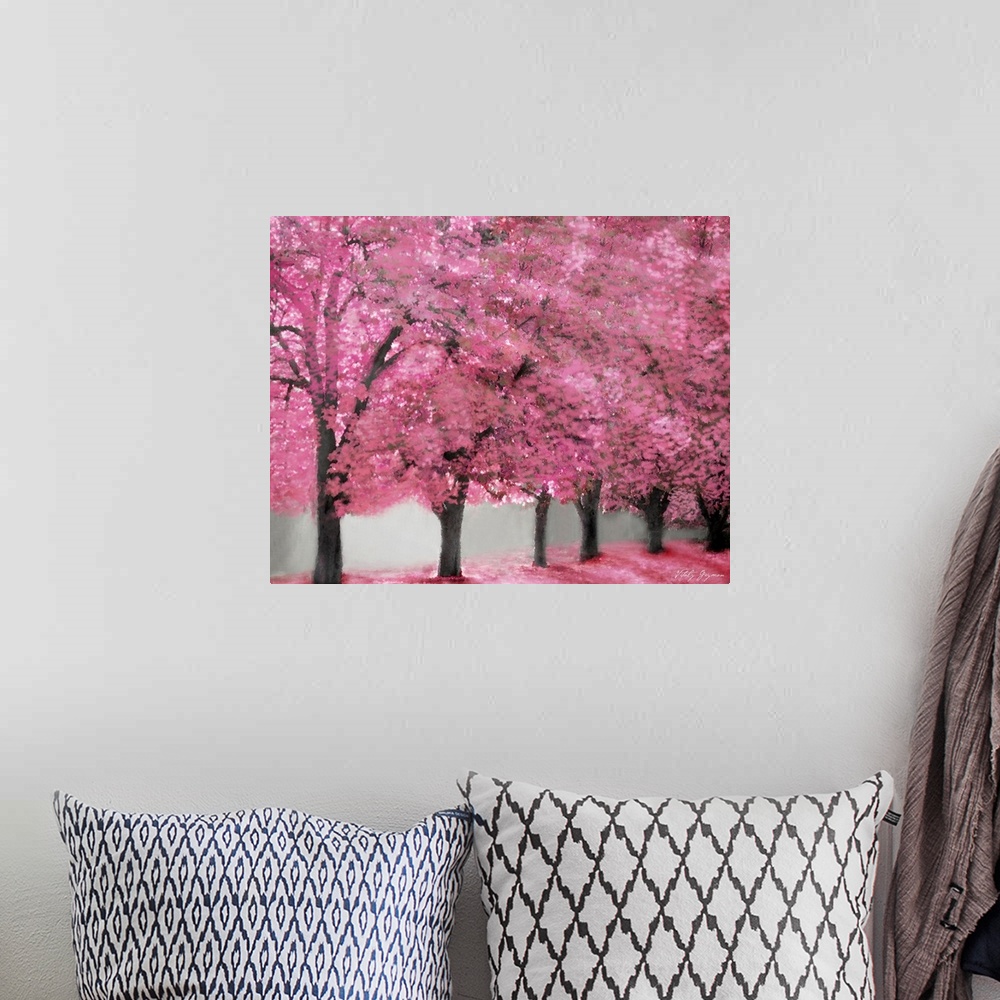 A bohemian room featuring Giant wall docor of blossoming trees in a line.