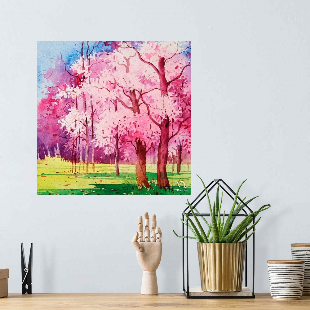 A bohemian room featuring Contemporary watercolor painting of a cherry tree in bloom in the spring.