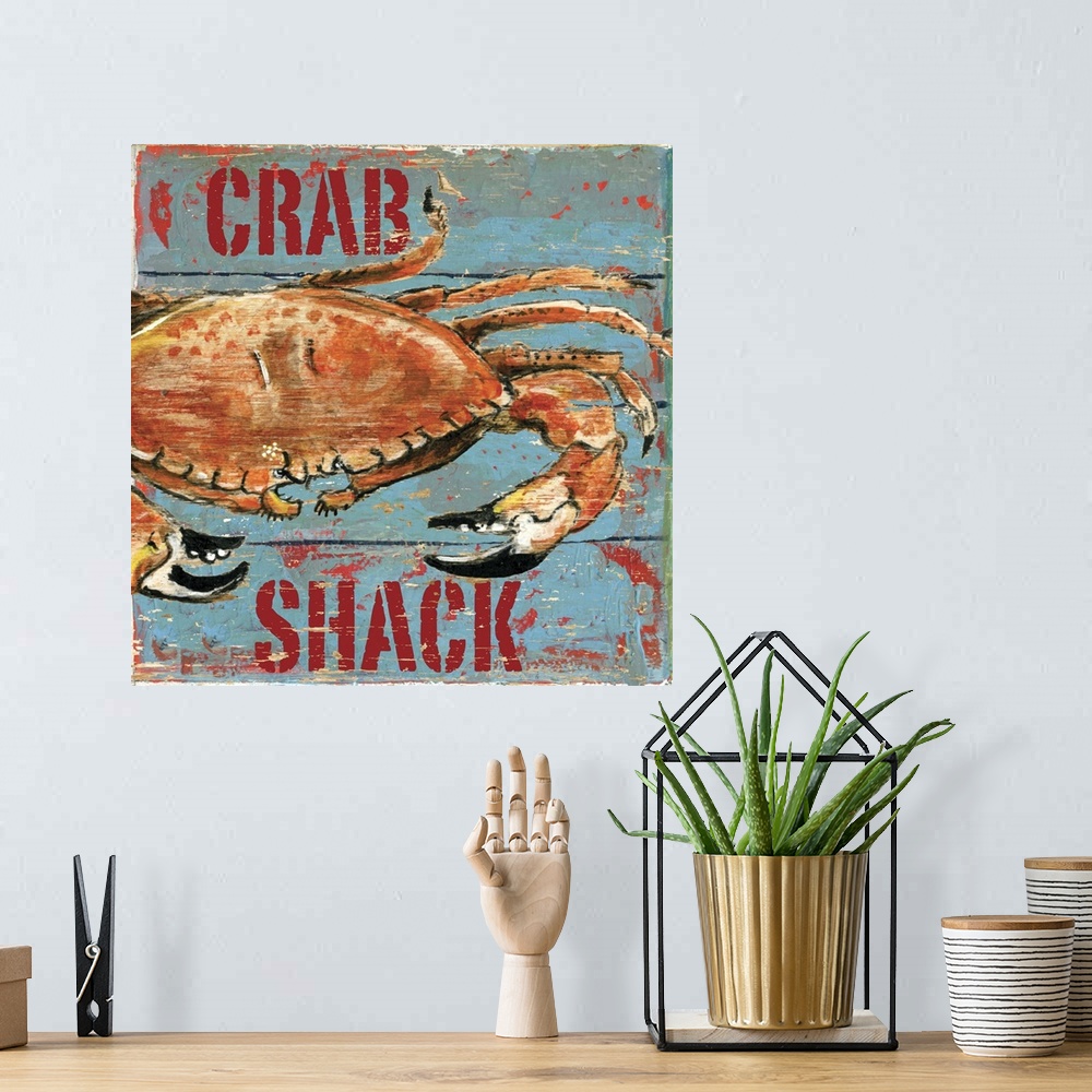 A bohemian room featuring Rustic, weathered graphic depicting a crab, perfect for a seafood restaurant.