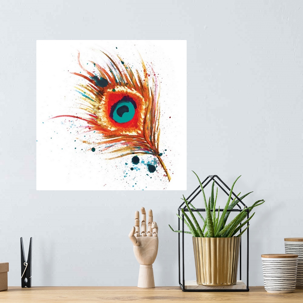 A bohemian room featuring Contemporary artwork of a brightly colored peacock feather with paint splatters.
