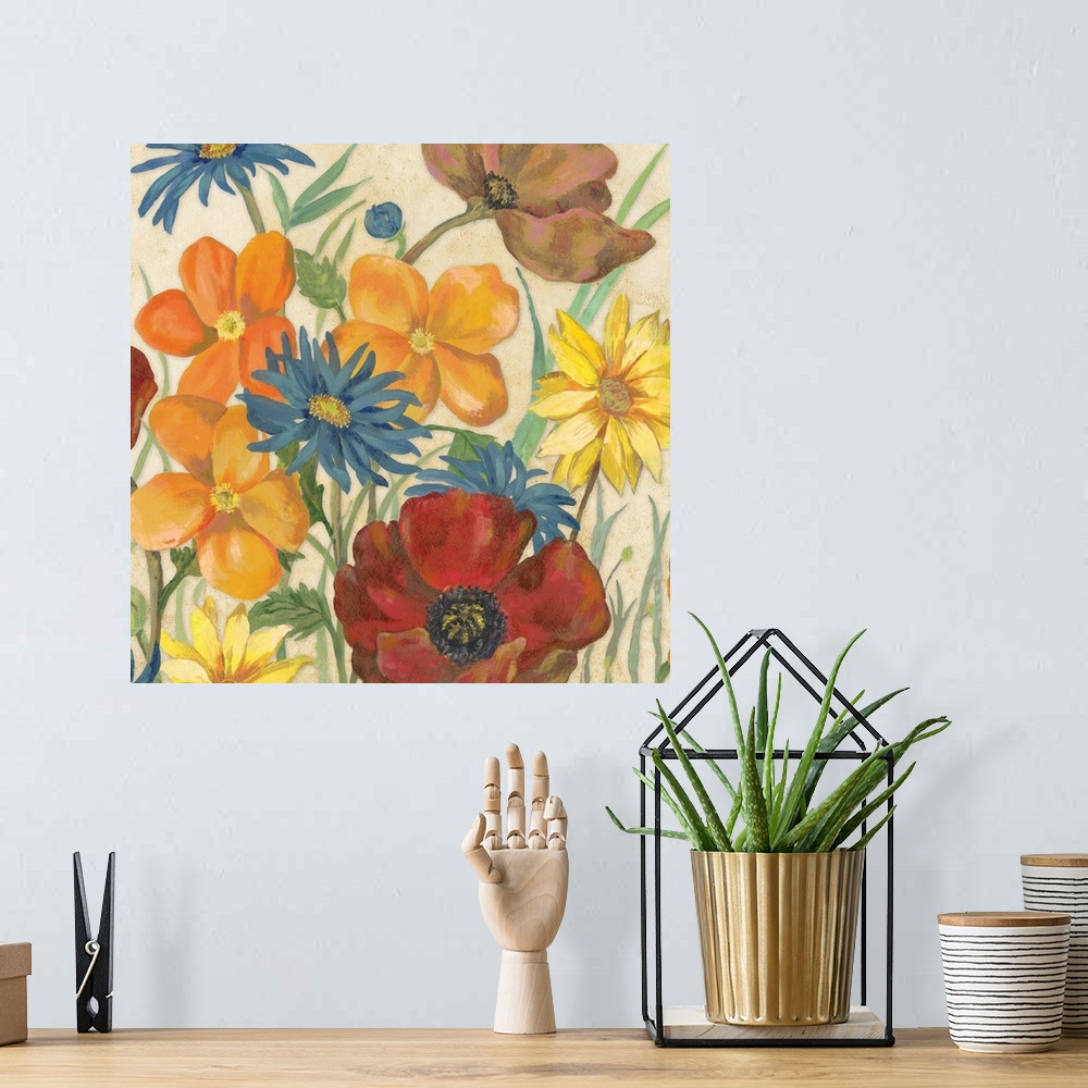 A bohemian room featuring Square painting of red, orange, blue, and yellow flowers on a neutral colored background.