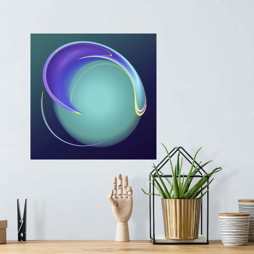 A bohemian room featuring Digital abstract artwork of a blue and teal circular shape.