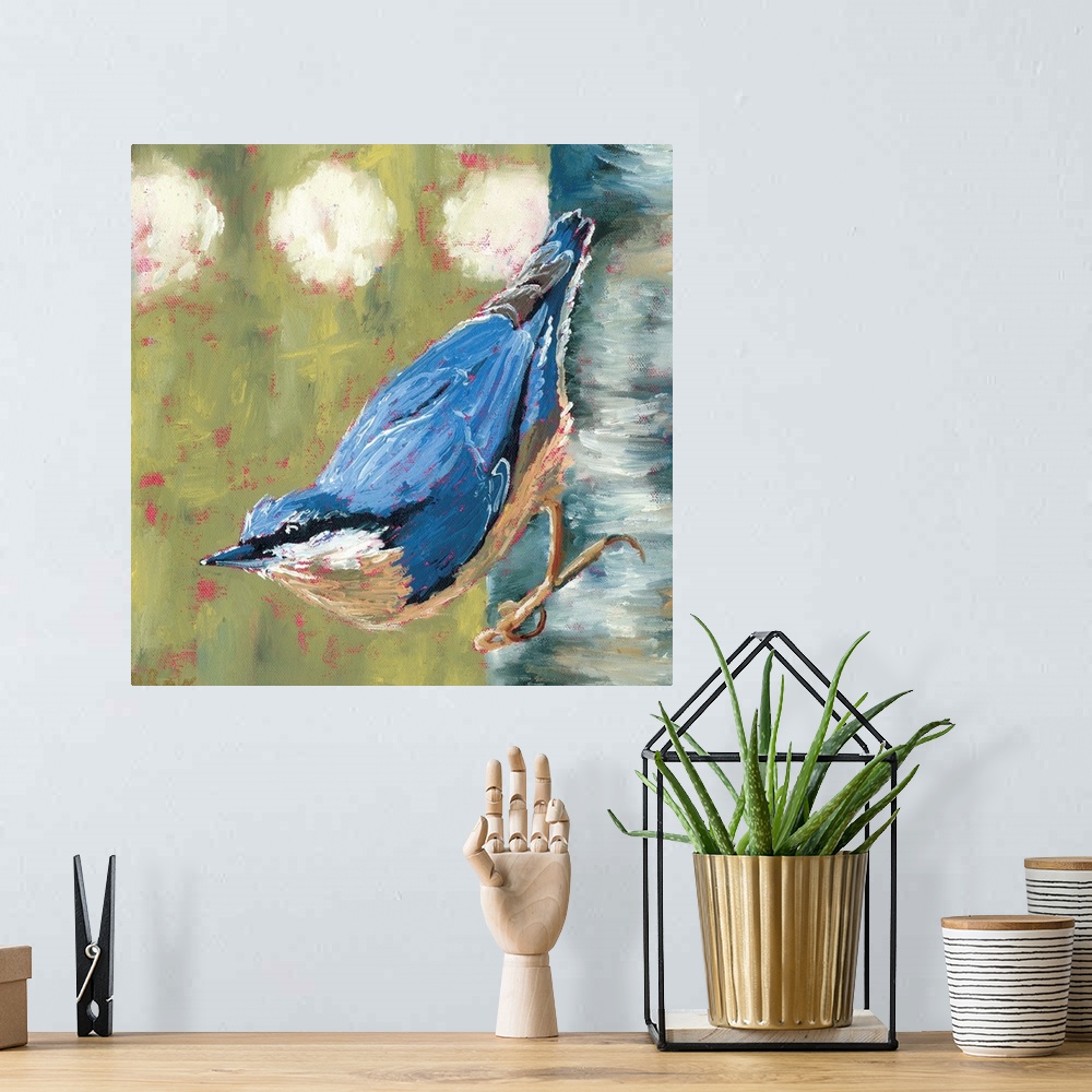 A bohemian room featuring Contemporary painting of a nuthatch bird on a tree trunk.