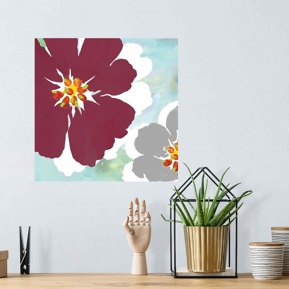A bohemian room featuring Square painting of a large marsala colored flower and a smaller grey flower with white shadows on...