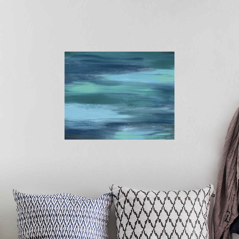 A bohemian room featuring Abstract painting created with horizontal brushstrokes in shades of blue representing the ocean.