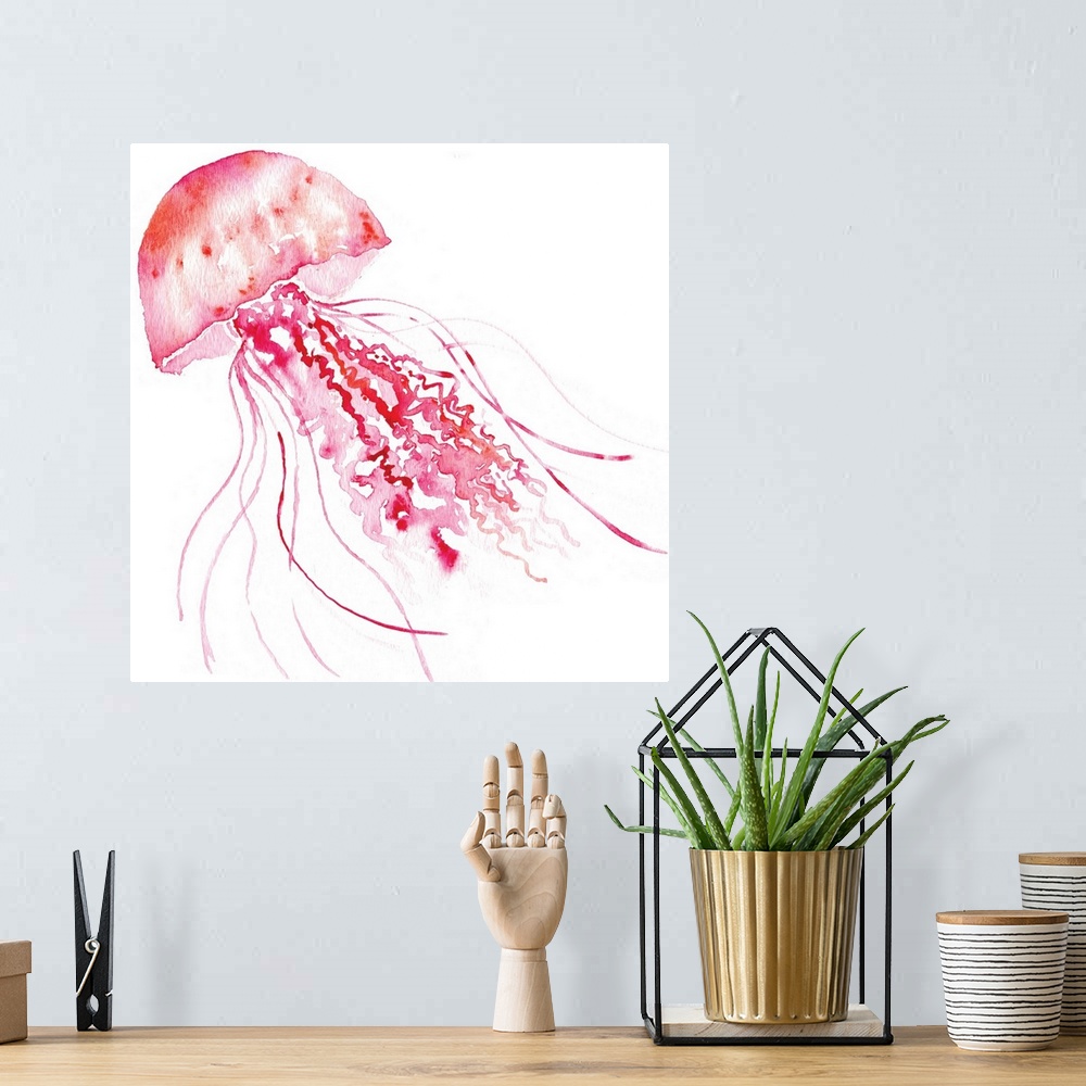 A bohemian room featuring Watercolor painting of a pink jellyfish with long tentacles.