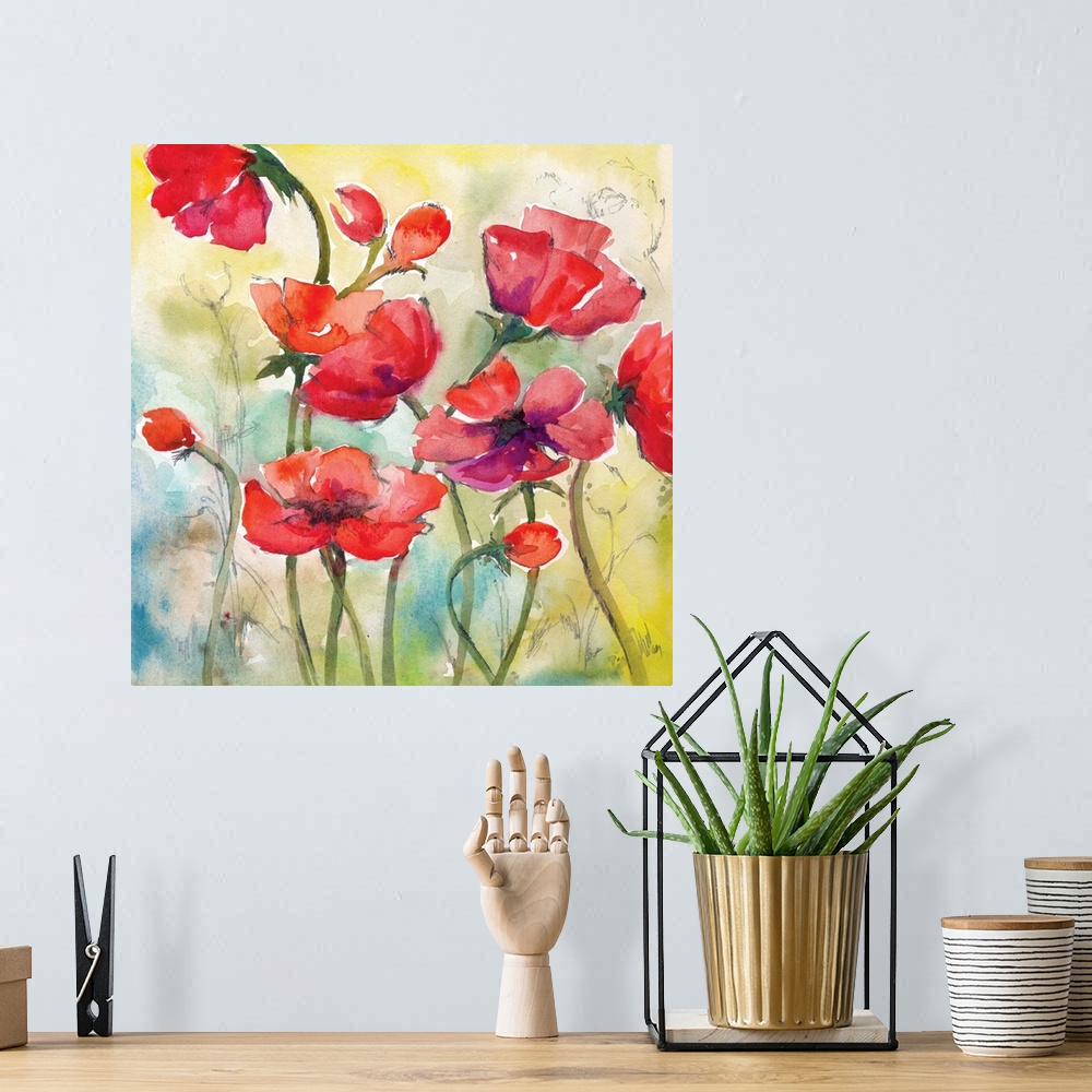 A bohemian room featuring Square watercolor painting of red poppies with hints of purple on a blue, green, and yellow backg...