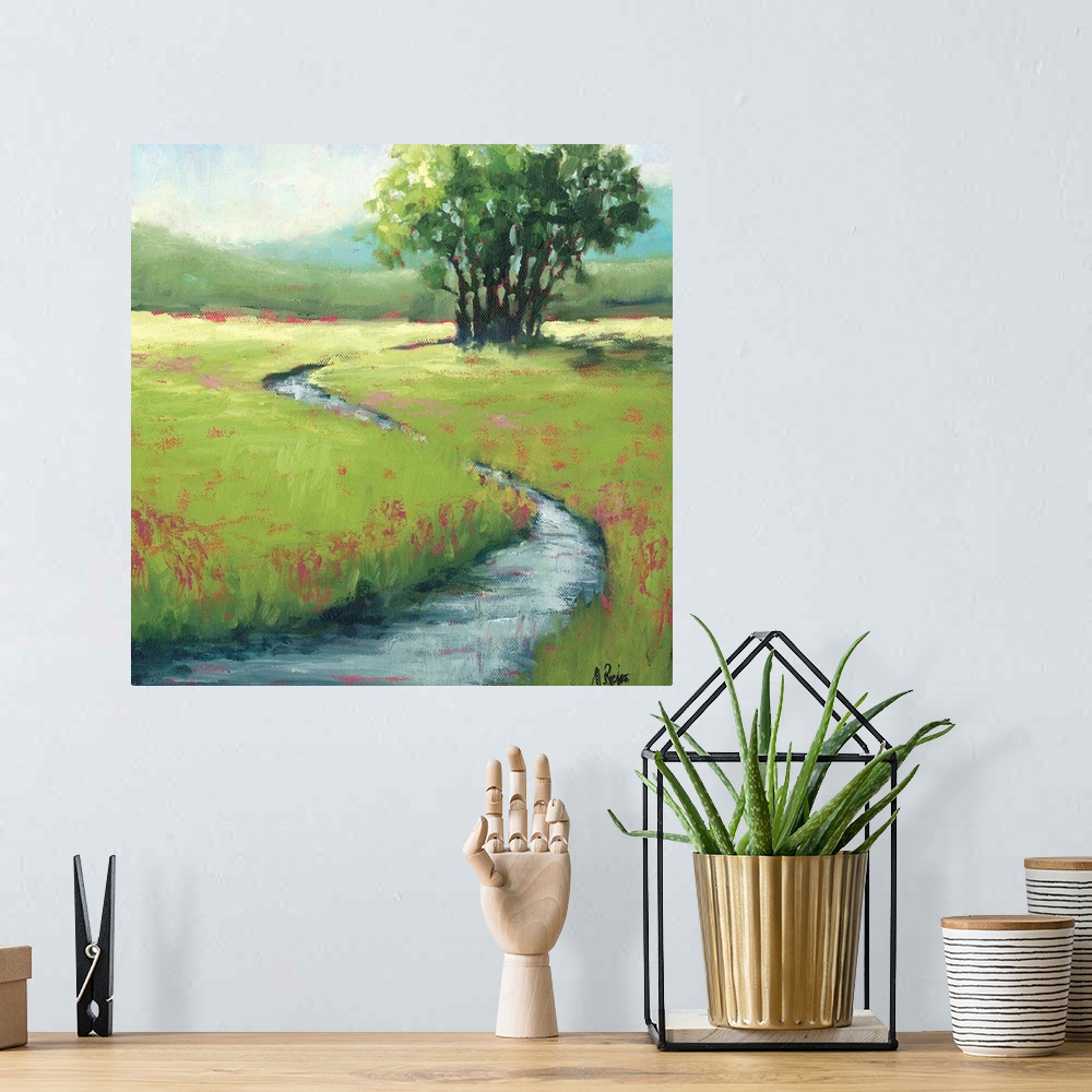 A bohemian room featuring Contemporary painting of a stream running through a rural meadow.