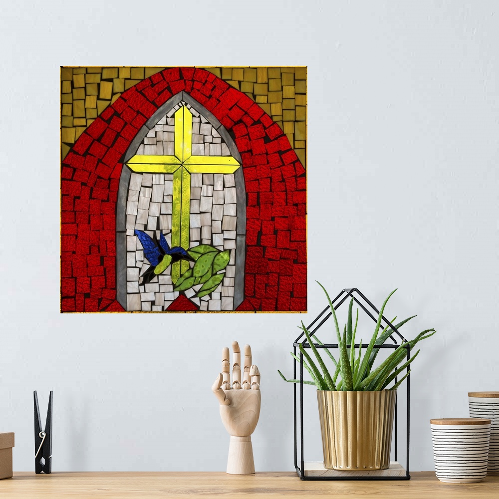 A bohemian room featuring Artwork done in a stained-glass style depicting a cross, a symbol of Christianity.