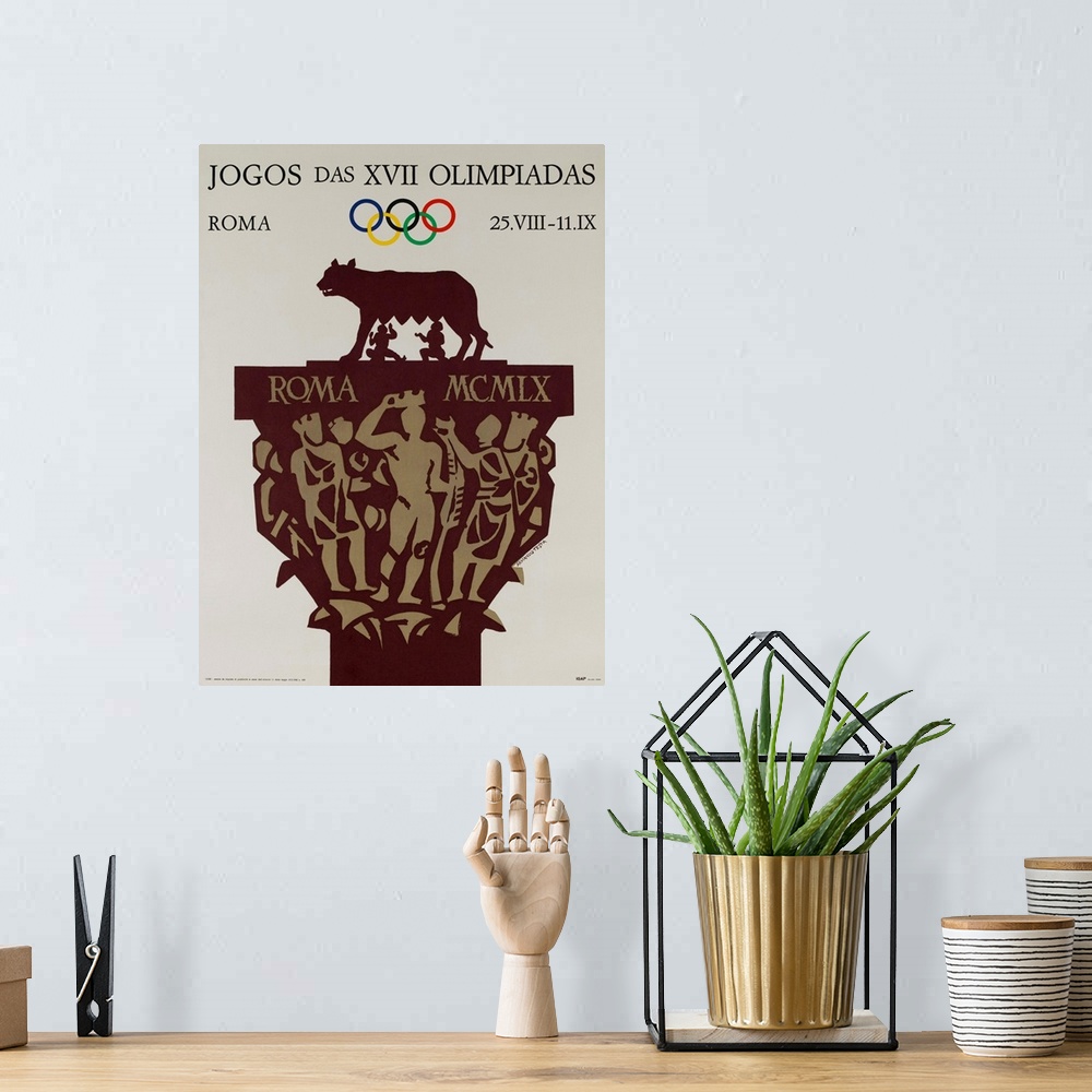 A bohemian room featuring 1960 Rome Summer Olympics poster illustrated by Armando Testa, shoing the Capitoline Wolf sucklin...