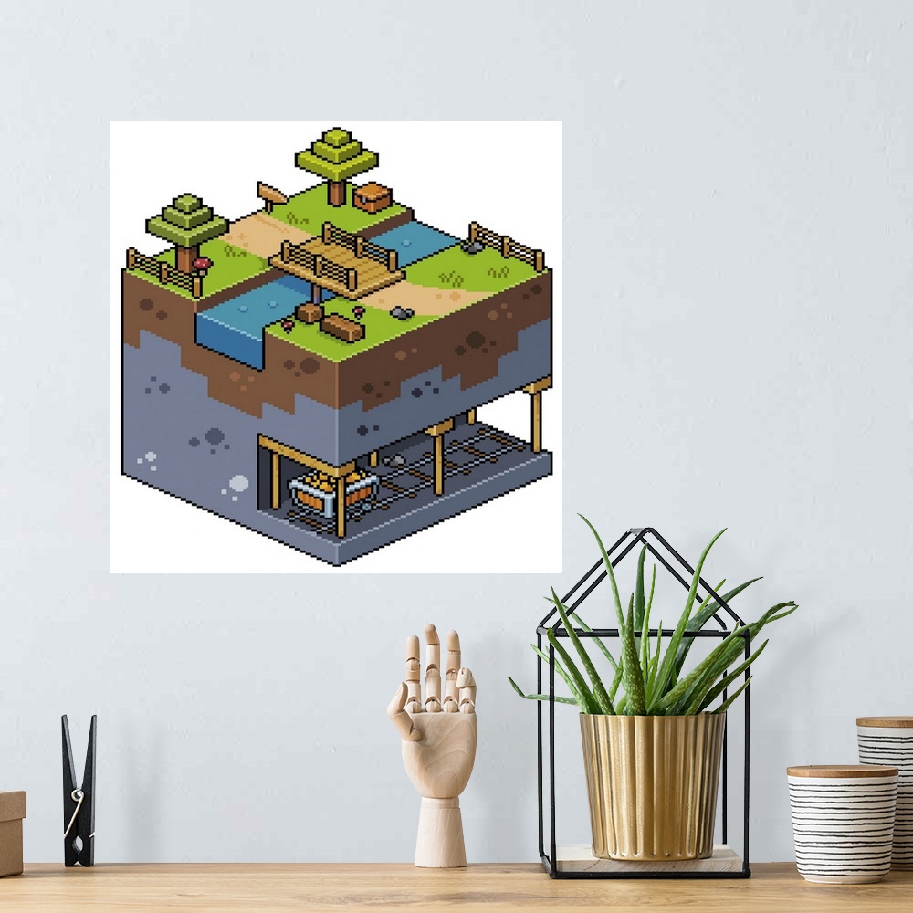 A bohemian room featuring 8-Bit Isometric Landscape With Bridge And Mine