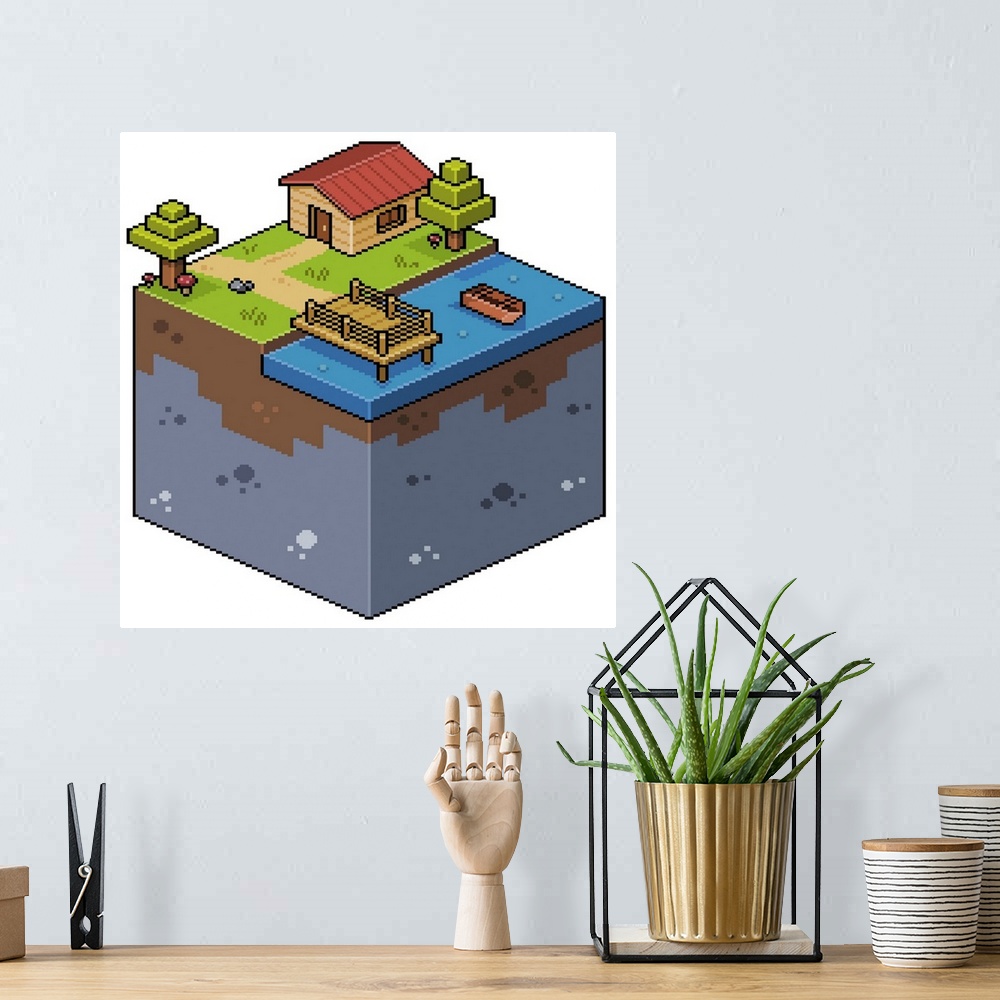 A bohemian room featuring 8-Bit Isometric Landscape With House And Lake
