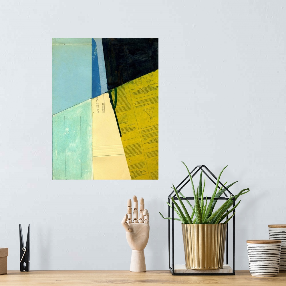 A bohemian room featuring Abstract cityscape collage using vintage cut paper and oil paint. Colorful blue and yellow geomet...