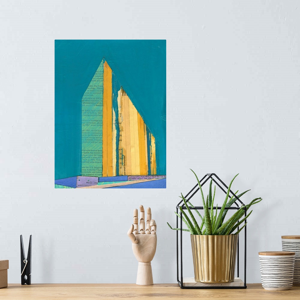 A bohemian room featuring Abstract cityscape collage using vintage cut paper and oil paint. Colorful teal blue and yellow g...