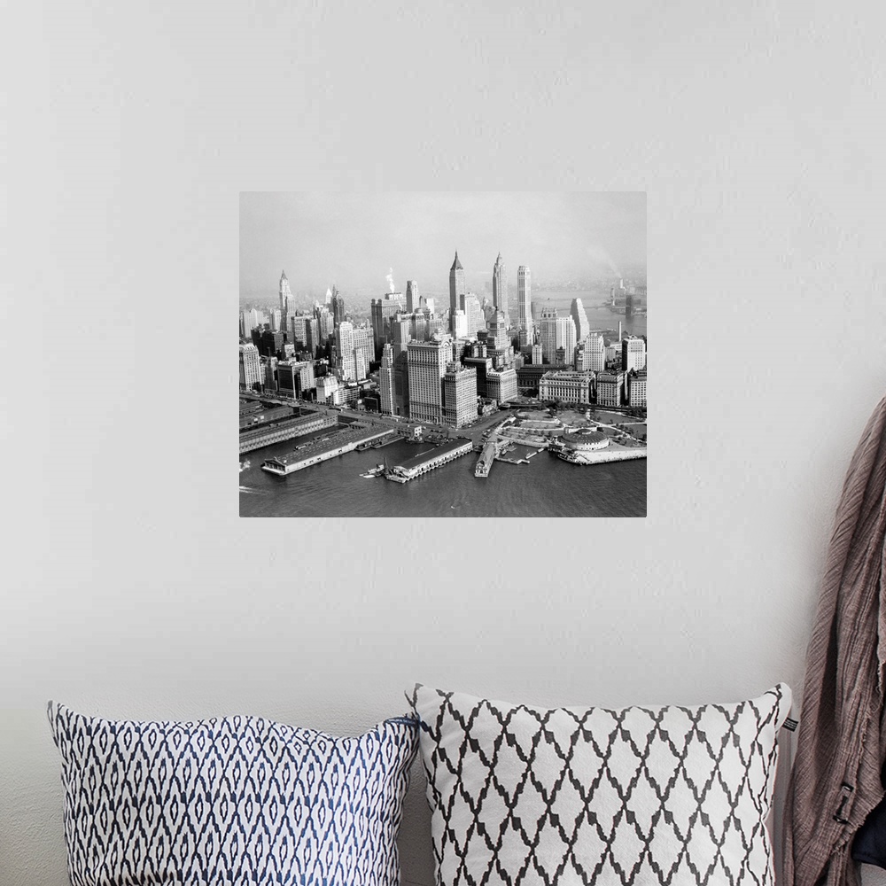 A bohemian room featuring New York City: Skyline, Downtown New York. Manhattan South Ferry, New York.