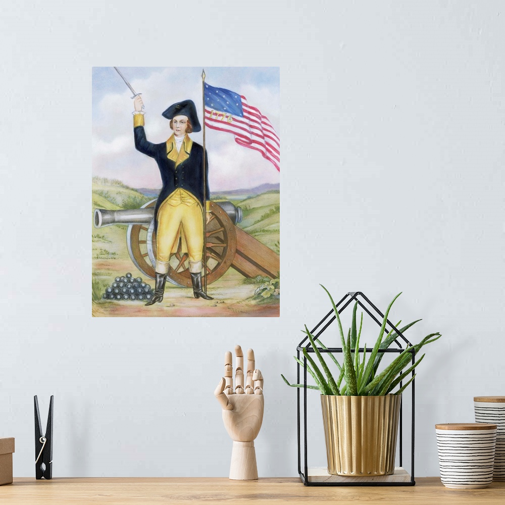 A bohemian room featuring A Currier and Ives lithograph features an American revolutionary officer or soldier holding up hi...