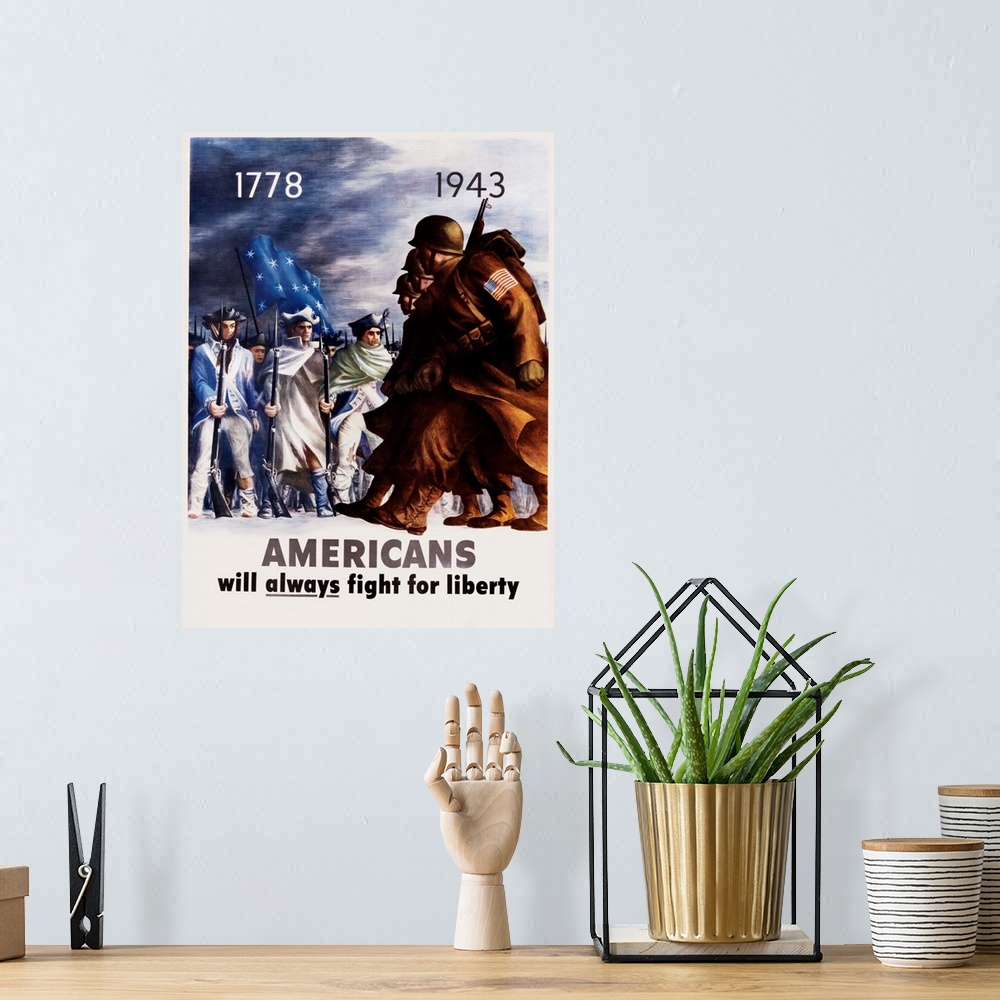 A bohemian room featuring Americans Will Always Fight For Liberty Poster By Bernard Perlin