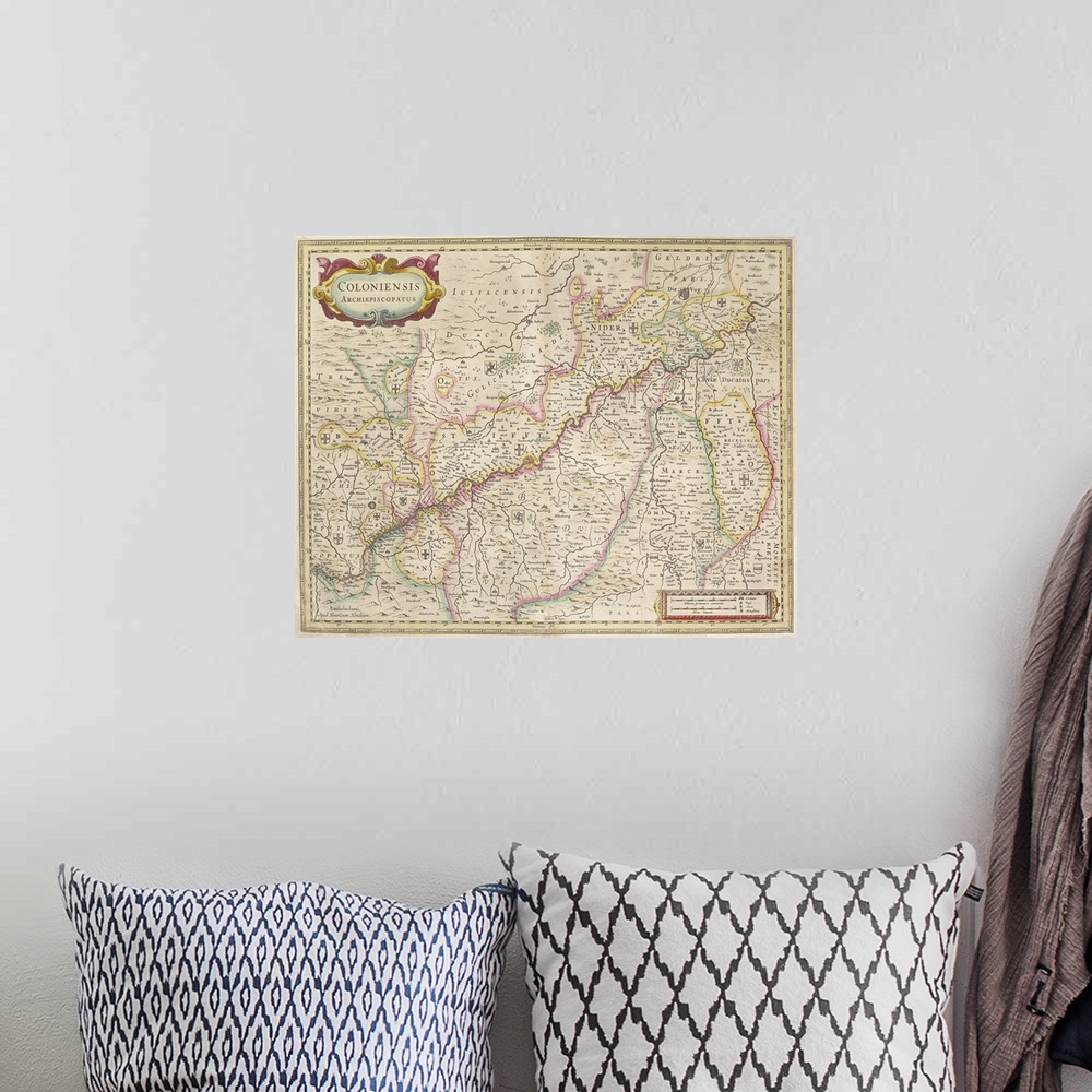 A bohemian room featuring Antique map of colonies in Germania