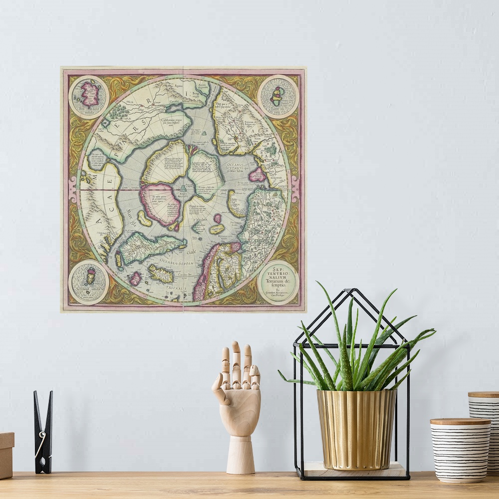 A bohemian room featuring Antique map of the north pole with insets