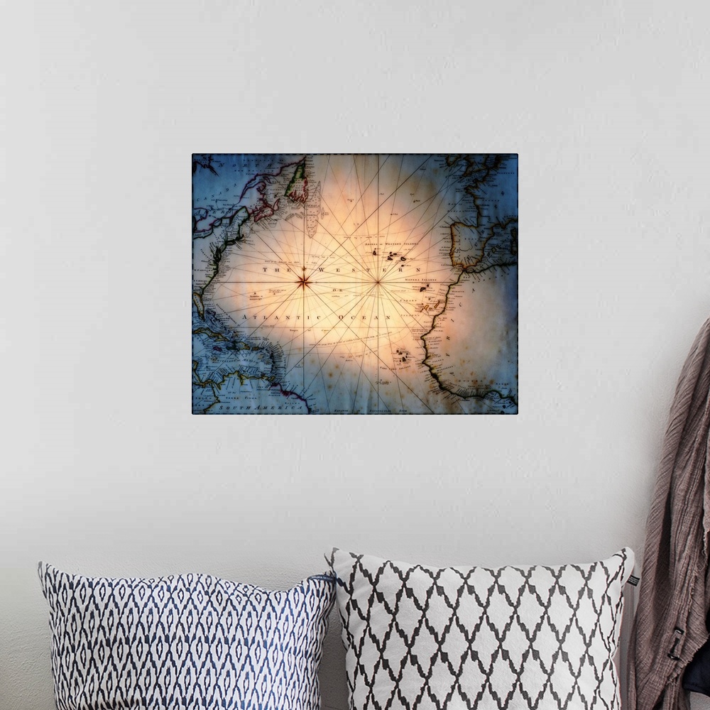 A bohemian room featuring This decorative artwork shows a vintage map that has been digitally enhanced with a vignette and ...