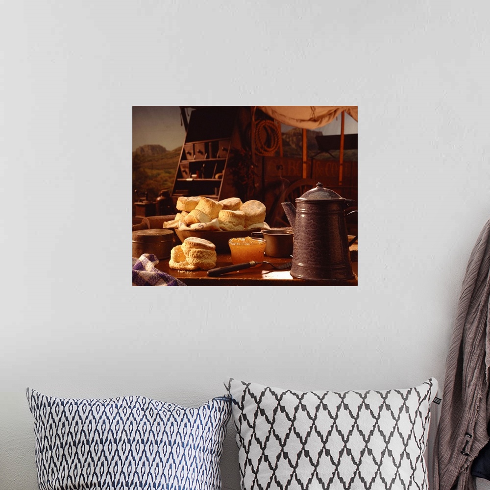 A bohemian room featuring Biscuits and coffee on chuck wagon