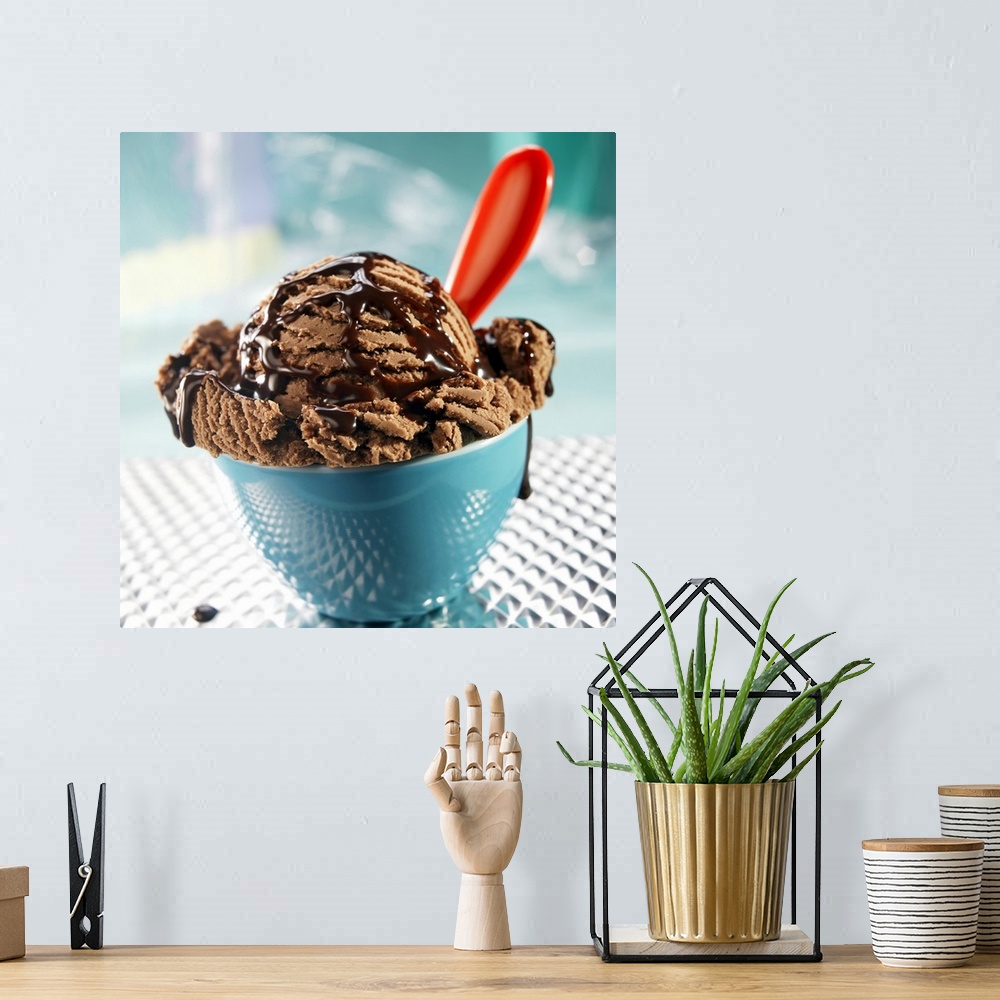 A bohemian room featuring Bowl of chocolate ice cream with chocolate sauce